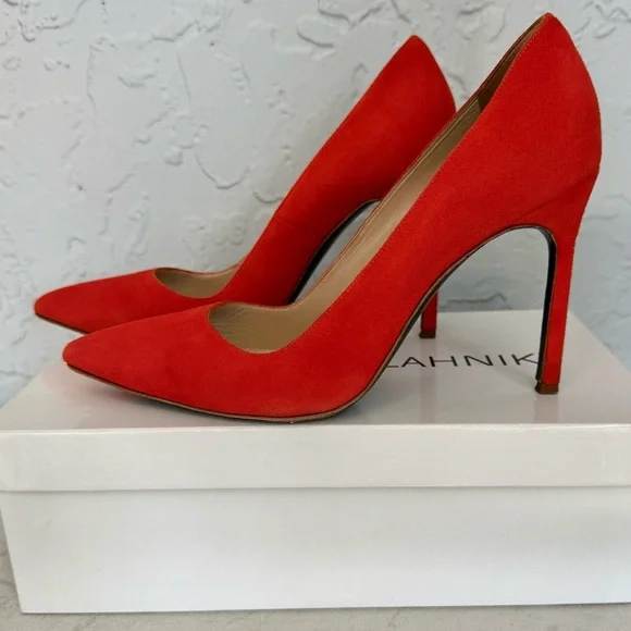 Manolo Blahnik Orange Suede Pumps Size 37 (US 7) Pointed Toe Stiletto Heels - Picture 5 of 13